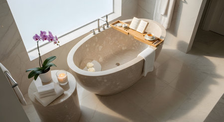 showing bathroom with oval bathtub orchid plant reading book and lit candle.
