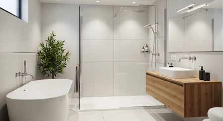 Shower showing bathroom with freestanding bathtub, glass shower, and wooden vanity with potted...