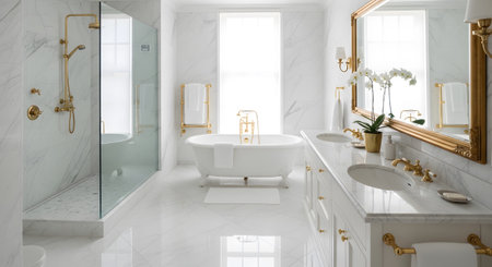 Residential showing bright modern bathroom with white marble, gold fixtures, and a freestanding...