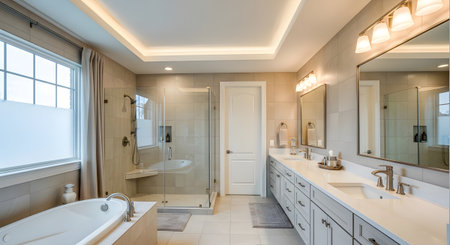 A bright contemporary bathroom showcases a bathtub, glass-enclosed shower, and a long double...