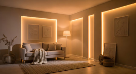 showing cozy living room with sofa, and integrated led lighting. resolution