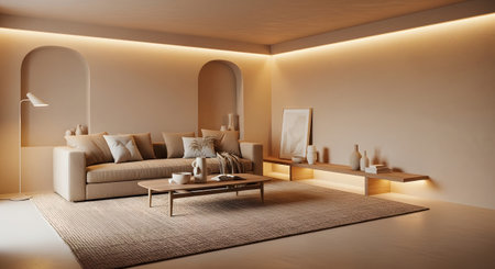(1150) showing contemporary living room with sofa, arched niches, and ambient lighting.