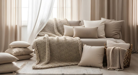 showing cozy living room with sofa draped in chunky knit blanket and plush pillows.