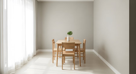 Wood showing minimalist dining room with light wood table and chairs and sheer white curtains....