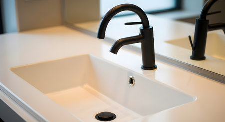 showing curved black modern faucet over a white bathroom sink with a chrome drain stopper....