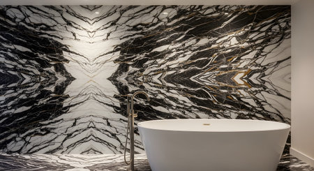 Freestanding showing modern freestanding bathtub in a bathroom with a striking black and white...