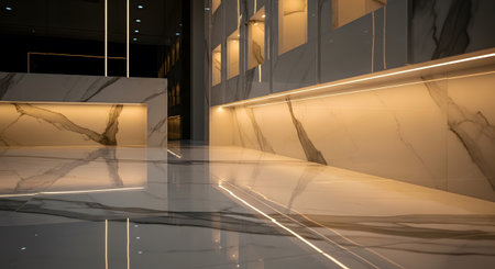 A modern interior lobby polished marble floors and walls with warm LED strip lighting....