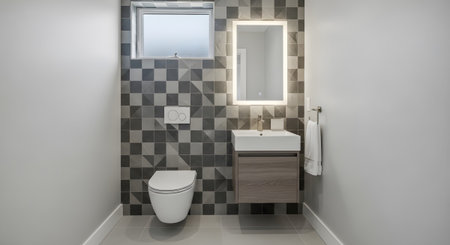 Floating showing modern bathroom with geometric tile and floating vanity and toilet.