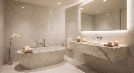 Mirror showing modern bathroom with freestanding bathtub, illuminated mirror, and marble vanity.