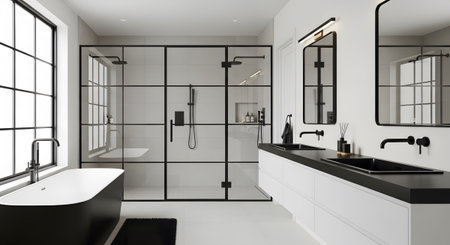 A modern bathroom a black freestanding tub, a large glass-enclosed shower, and a white double...