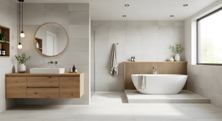 A bright, spacious bathroom a white freestanding tub, a wooden vanity with a sink, and large...