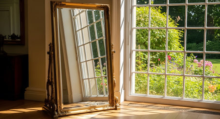 A tall gold-framed mirror stands indoors, reflecting a window and a vibrant green garden with...
