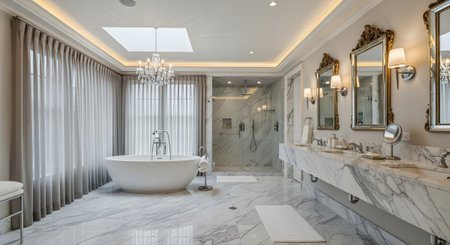 Shower showing opulent bathroom with marble, a chandelier, and a freestanding bathtub with a...