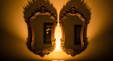 Ornate showing two ornate gold framed mirrors casting dramatic shadows on a warm lit wall.