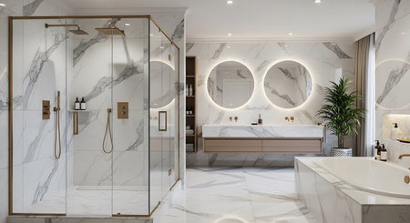 Shower showing spacious modern bathroom with marble accents, a glass shower, and circular...