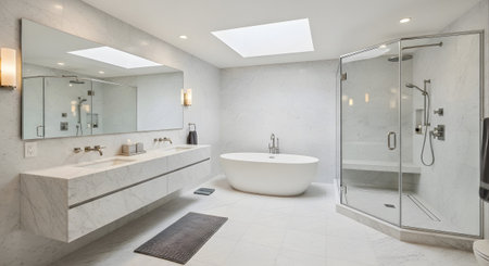 Shower showing spacious modern bathroom with skylight freestanding tub and glass corner shower....