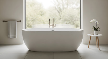 A serene bathroom with a white freestanding tub positioned before a large window showcasing...
