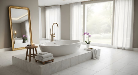 Bathroom interior 3D rendering with white bathtub and mirror