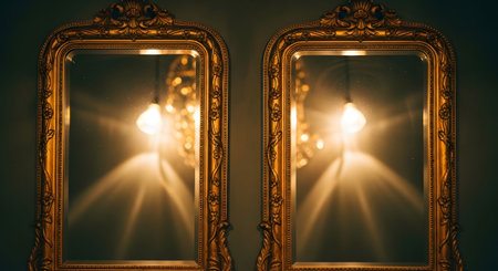 Ornate showing two ornate gold framed mirrors reflecting warm glowing light bulbs and ornate...の写真素材
