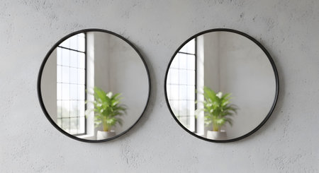 (1603) showing two round black framed mirrors hanging on a textured gray wall. resolution...