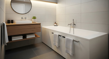 A bright bathroom with a wooden vanity, white bathtub, chrome fixtures, and a round mirror.