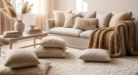 showing living room with comfortable sofa piled with textured pillows and knitted throw....
