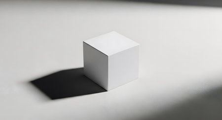 A single white cube sits on a light gray surface, casting a distinct dark shadow....