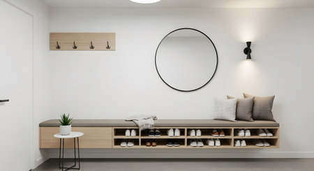 A contemporary hallway a long built-in shoe storage bench, a wooden coat rack, and a large round...の写真素材