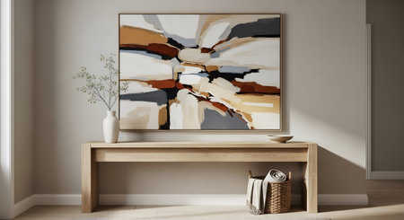 Displayed showing abstract painting with earthy tones displayed above a light wood console table...