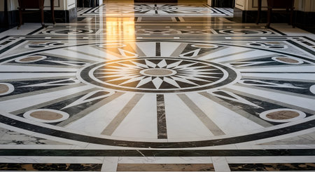 Marble showing intricate geometric marble floor inlay with sunburst pattern and reflective...