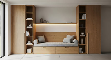 A warm wooden built-in unit offers a comfortable bench seat, shelves with books, and ambient...の写真素材