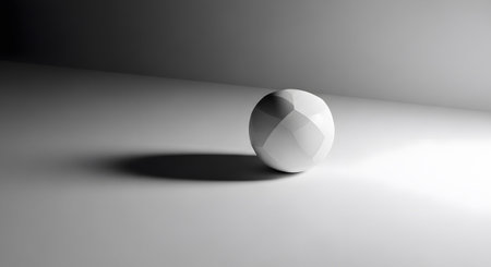 A white geometric sphere with sharp edges casts a dark shadow on a light gray surface....の写真素材