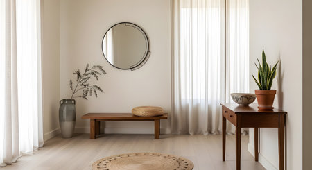 Vase showing minimalist entryway with wooden bench mirror and tall vase with branches.の写真素材