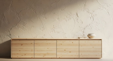 Vase showing light wood sideboard with four doors against a textured cream wall with a vase.の写真素材