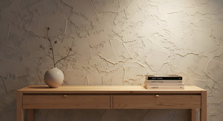 Vase showing light wood console table with books and vase with branch against textured wall.の写真素材