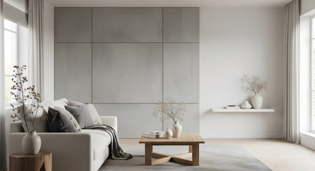 White showing minimalist living room with concrete wall accent and white sofa. resolution...の写真素材