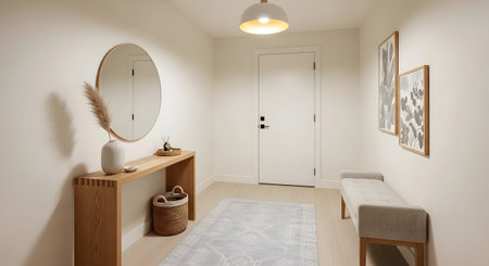 A bright, modern hallway interior with a bench, console table, round mirror, and decorativeの写真素材