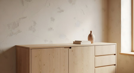 Vase showing light wood sideboard with textured plaster wall and a simple vase and books.