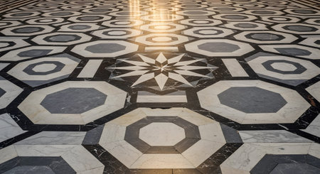 Marble showing monochromatic geometric marble floor pattern with octagons and starburst in a...