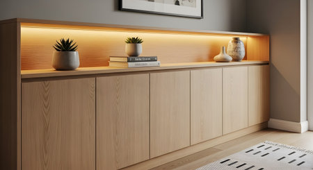 Long light wood entryway cabinet with illuminated open shelving above closed storage doors and...