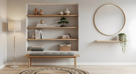 Lamp showing nook with shelving unit bench round mirror and floor lamp in a bright room.の写真素材