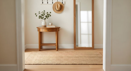 A bright entryway featuring a wooden console table with a vase and books, a hat rack, and a...の写真素材