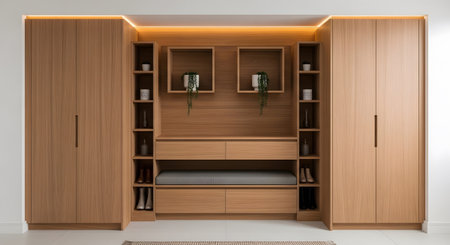 Wardrobe showing contemporary wooden built-in wardrobe with integrated seating and shelving....