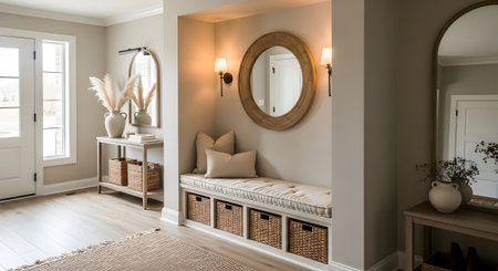 A cozy entryway a bench with storage baskets, a wooden mirror, and wall sconces....