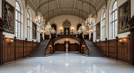 (1088) showing grand ballroom with ornate staircase chandeliers and large windows.