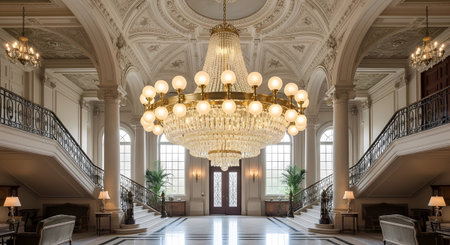Double showing grand hallway with double staircases and large crystal chandelier.の写真素材