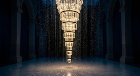 A large tiered crystal chandelier hangs in a dark hall, with water droplets falling around it.