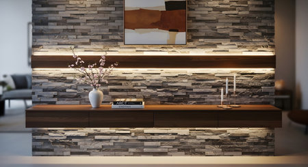 Under showing floating wooden shelf with vase and candles under warm led lighting on stone wall....