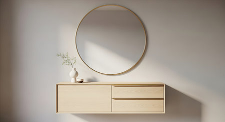 Floating showing light wood floating console table with gold framed round mirror and simple...