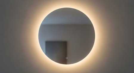 (1056) showing illuminated round bathroom mirror with soft warm light glowing around its edge....